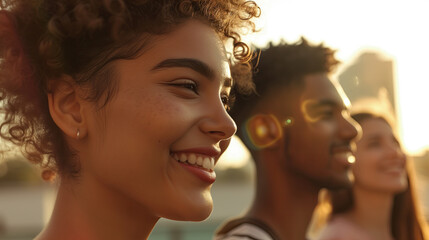 group of young people in the city at sunrise
