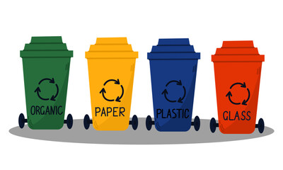 Sorting and recycling garbage by material with different types of colored waste bins with symbols for organic, paper, glass, plastic. Waste segregation.
