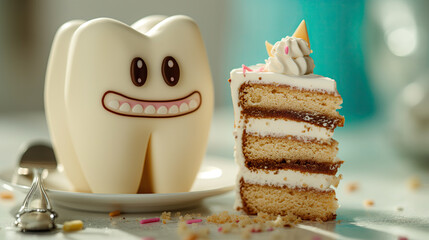 chocolate cake with icing and model of a tooth next to it