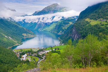 View of Geiranger and Geirangerfjord from Flydalsjuvet, Norway
