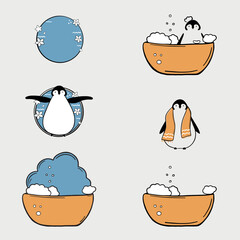Cute baby penguin taking a bath doodle illustration - 748334874