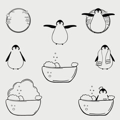 Funny penguin taking a bath vector illustration. Doodle bath illustration - 748334881