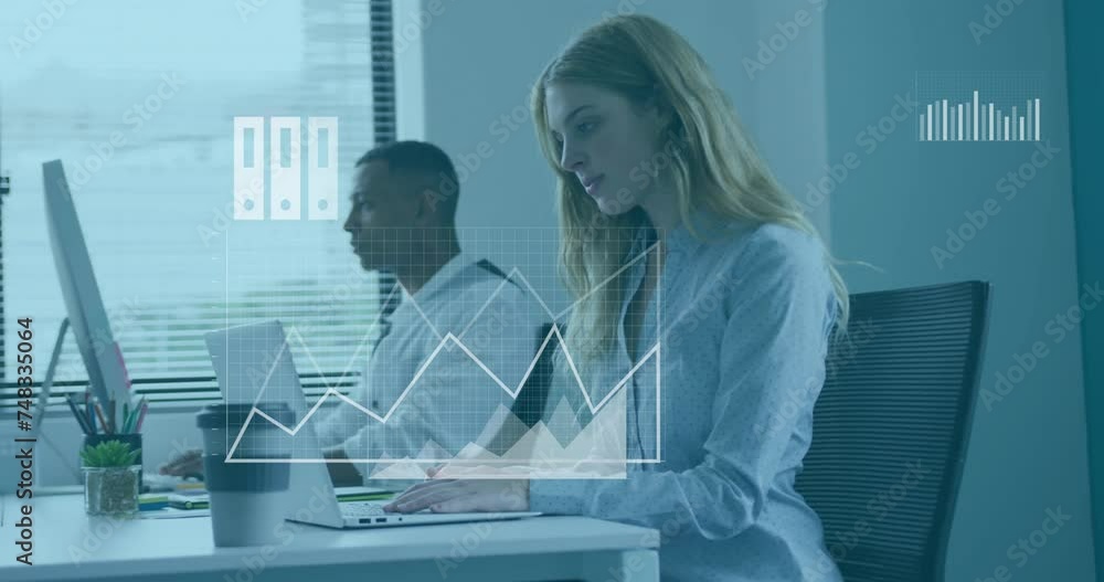 Poster animation of media icons and diagrams over diverse colleagues using laptops in office