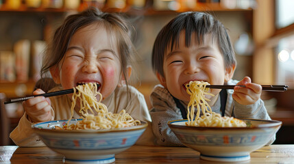 cute toddler kids eating Bowl full of instant noodles , eating noodles with chopsticks - obrazy, fototapety, plakaty