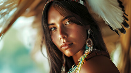 Portrait of a stunning  native American Indian female wearing traditional clothing and headdress. - 748335256