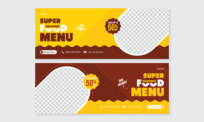 Naklejka premium Modern creative food promotional facebook cover banner template design, restaurant social media advertising marketing timeline post banner design, set of editable high quality fully editable layouts