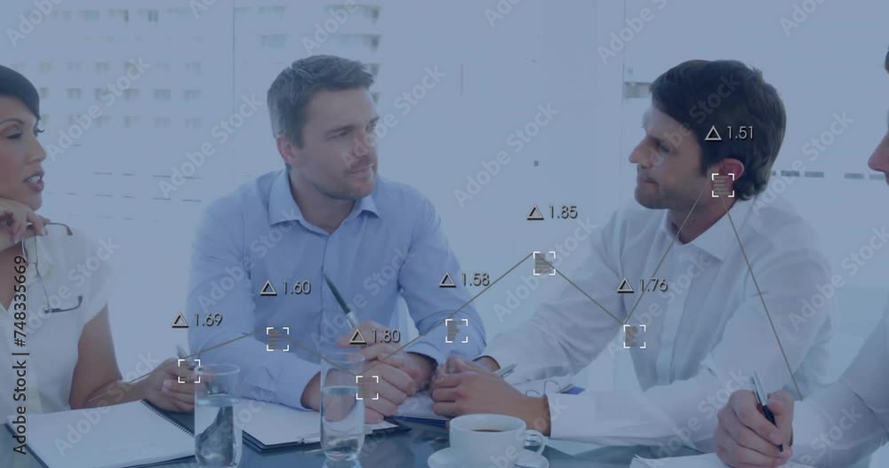 Poster animation of network of connections with data processing over diverse colleagues discussing work