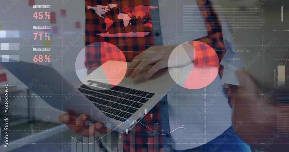 Poster animation of data processing and diagrams over diverse colleagues using laptop and tablet