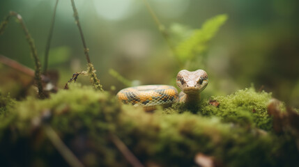 Naklejka na ściany i meble Close up of beautiful wild snake in forest with moss and leaves. Macro photography view with blured background. Ecological balance .