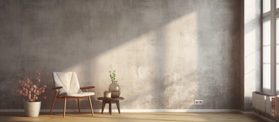A depiction of a chair and a vase in a vintage loft interior, featuring a wooden floor and aged grey plaster concrete walls.