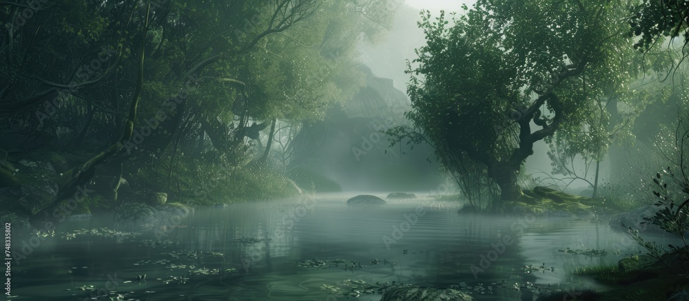 Poster a river meandering through a dense forest filled with towering trees, creating a harmonious scene of