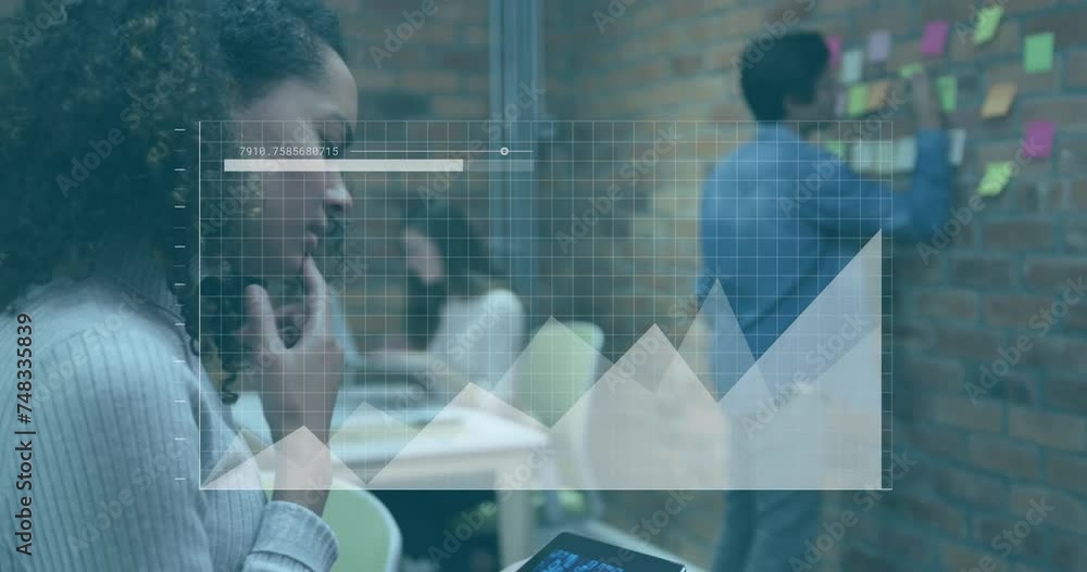 Poster animation of data processing and diagrams over diverse business people discussing work