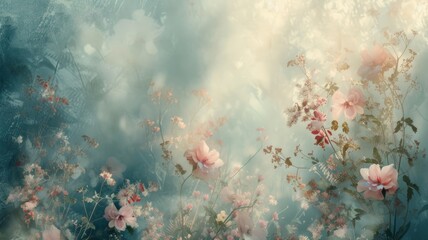 A mystical scene of blossoming flowers bathed in the soft glow of morning light, creating a...