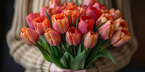 Striking bouquet of red and orange tulips in the hands.