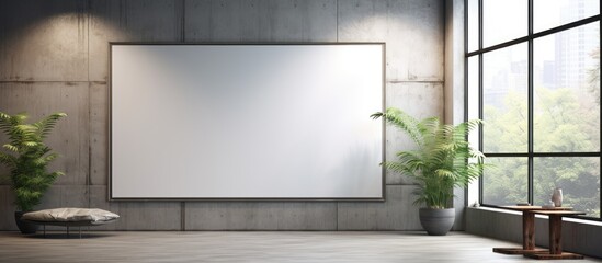 A modern room featuring a large window that allows ample natural light to enter. The focal point is a whiteboard mounted on the wall, ready for notes or presentations.