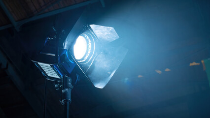 Professional lighting equipment movie set with smoke air