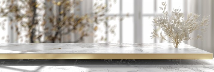 White Gold Kitchen Countertop on Blurred Background, Luxury Table Mockup, Generative AI Illustration