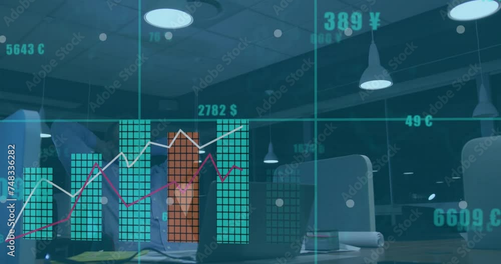 Aufkleber animation of data processing and diagrams over caucasian businessman using laptop