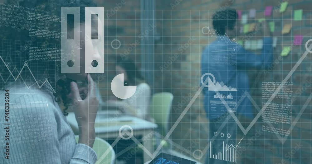 Poster Animation of data processing and diagrams over diverse business people discussing work