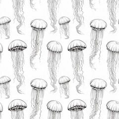 Hand Drawn Jellyfish Seamless Pattern, Sketched Animal Sea, Jelly Fish Ink Tile, Ocean Medusa
