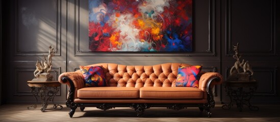A sofa sits in front of a painting on a wall in an interior setting. The couch is positioned facing the artwork, creating a focal point in the room.