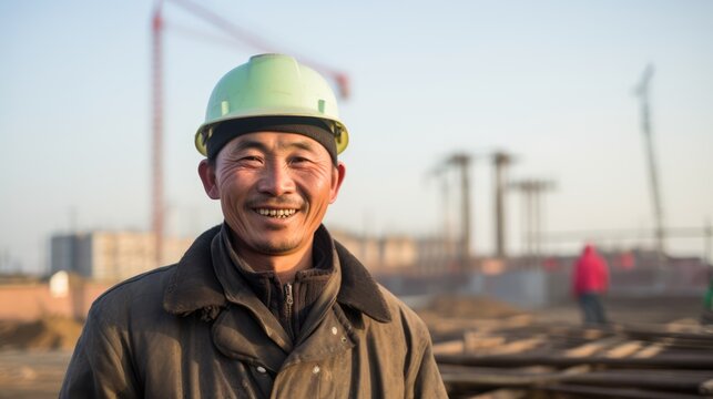 A powerful portrait capturing the unwavering determination of an Asian worker in a hard hat, standing proudly in front of a construction scene