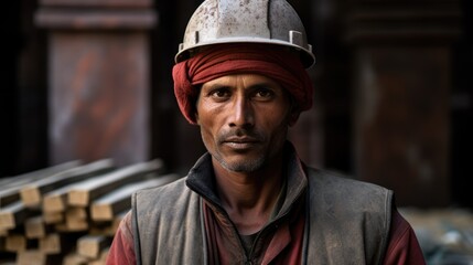 An impactful series of portraits capturing an Indian worker in the foreground, framed by the architectural beauty of a building, representing the dedication and strength of the labor force.