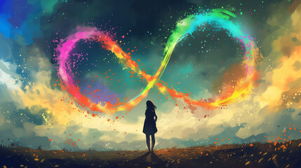 Girl silhouette and rainbow infinity sign. Neurodiversity concept. - obrazy, fototapety, plakaty