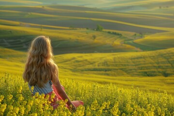 Fototapeta premium Yellow-Green Fields Landscape with a Young Girl Enjoying Nature, Copy Space for Text