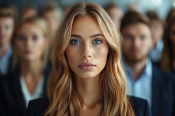 Obraz premium A woman in a sharp suit stands confidently at the forefront of a bustling city street filled with pedestrians, her posture and demeanor exuding professionalism and authority amidst the crowd