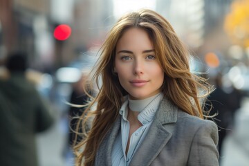 A woman in a sharp suit stands confidently at the forefront of a bustling city street filled with pedestrians, her posture and demeanor exuding professionalism and authority amidst the crowd