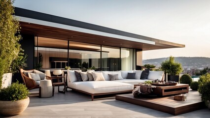 Fototapeta premium Modern villa with a rooftop terrace, providing panoramic views and an ideal space for outdoor entertainment