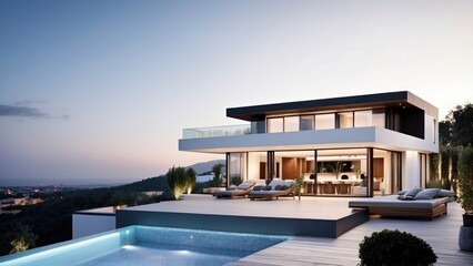 Fototapeta premium Modern villa with a rooftop terrace, providing panoramic views and an ideal space for outdoor entertainment