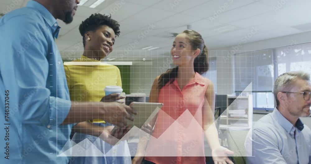 Poster animation of data processing and diagrams over diverse colleagues discussing work in office
