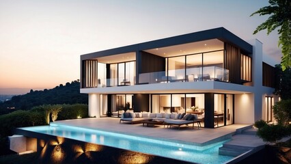 Fototapeta premium Modern villa with a rooftop terrace, providing panoramic views and an ideal space for outdoor entertainment