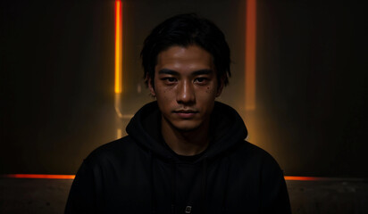 Photo shoot of an Asian male, 25 to 30 years old, wearing black clothes in a dark studio with red lighting, professional photo, confident modeling. Generative AI.