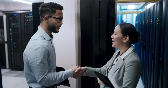 Business people, handshake and server room success, introduction or cybersecurity agreement of inspection. Technician and woman shaking hands for hardware checklist or system feedback at data center