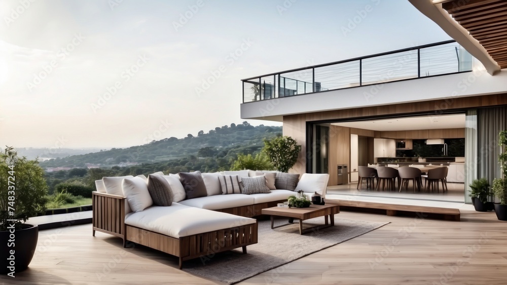 Wall mural modern villa with a rooftop terrace, providing panoramic views and an ideal space for outdoor entert