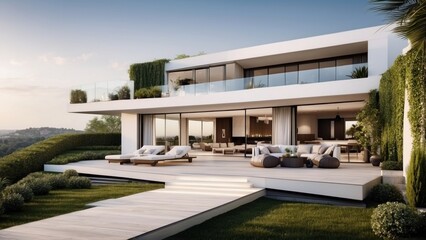 Fototapeta premium Modern villa with a rooftop terrace, providing panoramic views and an ideal space for outdoor entertainment