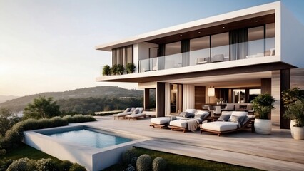 Fototapeta premium Modern villa with a rooftop terrace, providing panoramic views and an ideal space for outdoor entertainment