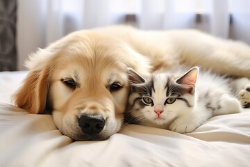 A golden retriever puppy and a tabby kitten sharing a tranquil moment. Their gentle repose against the plush bed linen embody the peaceful coexistence and pure affection found in our furry friends.