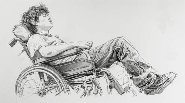 Sad disabled boy sits in wheelchair in his room. Monochrome black and white sketch of the young man affected by cerebral palsy needing psychologist help.
