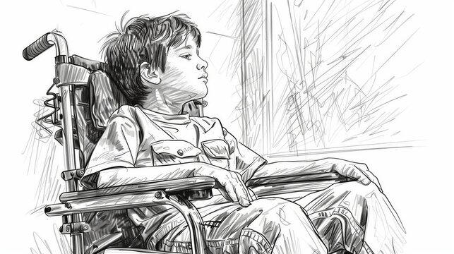 Sad disabled boy sits in wheelchair in his room and look out of the window. Monochrome black and white sketch of the young man affected by cerebral palsy needing psychologist help.
