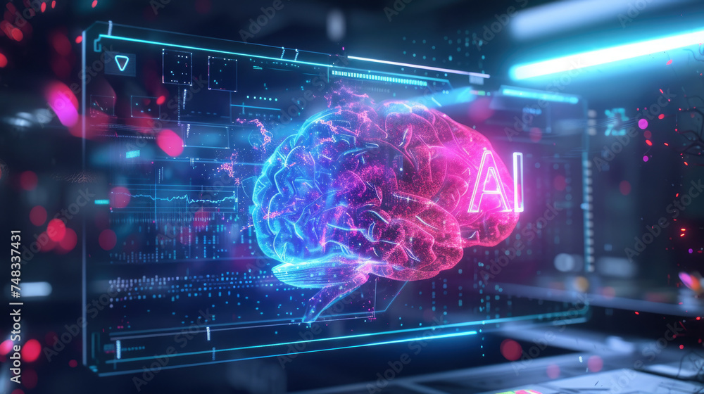 Poster computer dashboard of ai in dark lab or control room, futuristic interface, digital screen of artifi