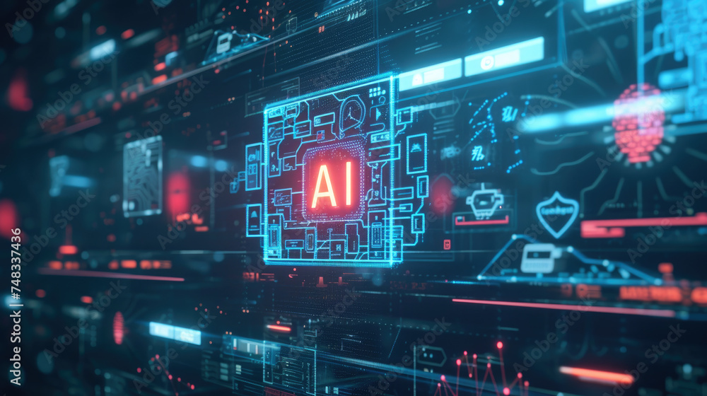 Poster computer dashboard of ai in dark lab or control room, futuristic interface, digital screen of artifi