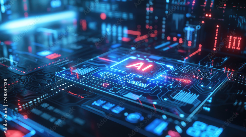 Poster computer dashboard of ai in dark control room, futuristic interface, digital screen of artificial in