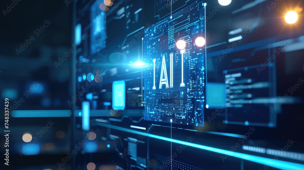 Poster computer dashboard of ai in dark lab or control room, futuristic interface, digital screen of artifi
