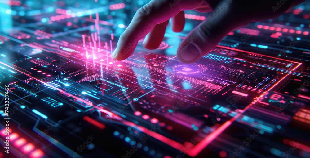 Aufkleber digital screen of control panel in command center or cyber security office, hand of operator touches
