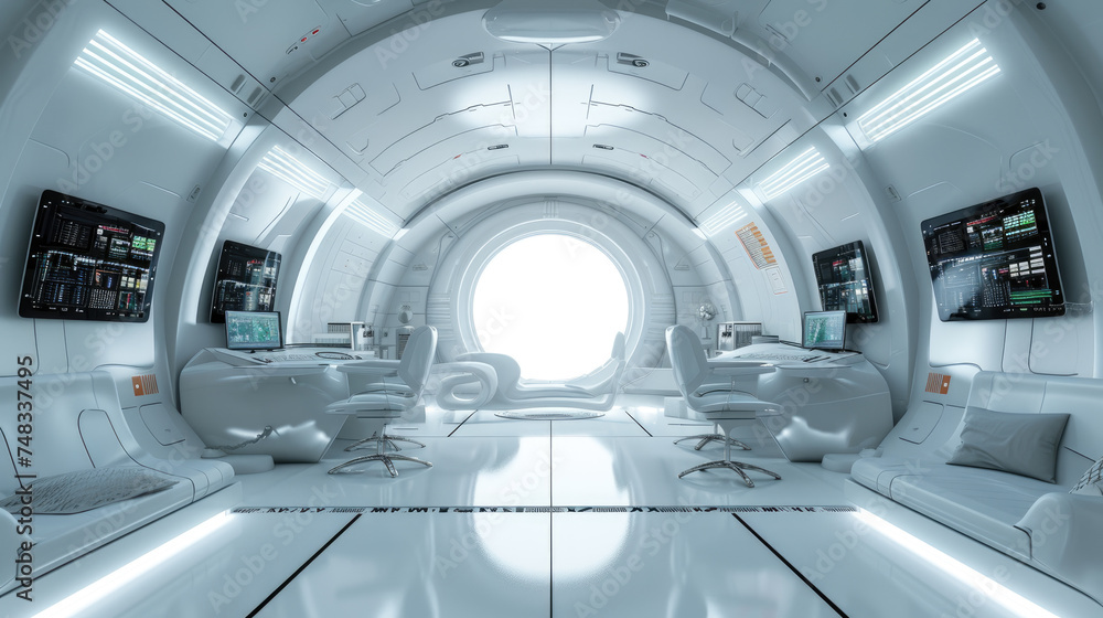 Poster spaceship cabin interior, white futuristic cockpit with computer screens and control panels. inside 