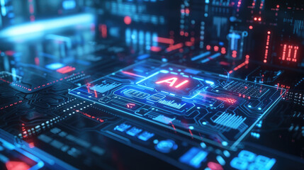 Computer dashboard of AI in dark control room, futuristic interface, digital screen of artificial intelligence in future. Concept of technology, data, hud, innovation, cyber security